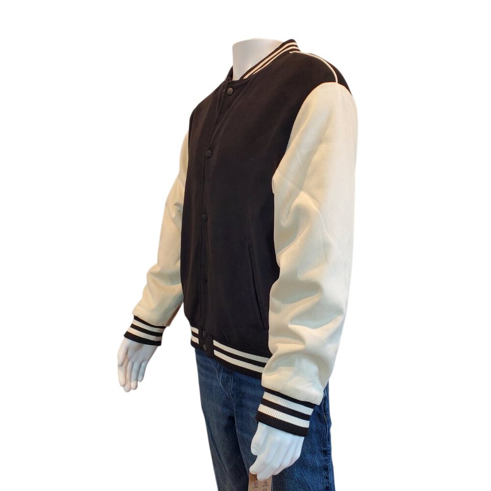 NEW HUDSON & BARROW SZ L Faux Suede ACTIV Athletic Varsity Bomber Jacket Black - Picture 7 of 9